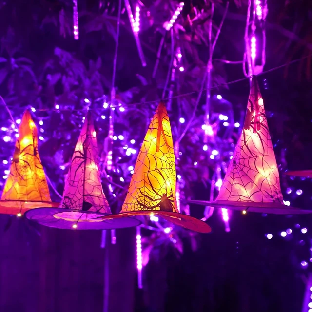 Alt view image 7 of 7 - Halloween Decoration Lights, 8 PCS Waterproof Hanging Witch Hat with String Lights with Remote, Hanging Halloween Decorations for Indoor Outdoor Garden Yard Party Decor