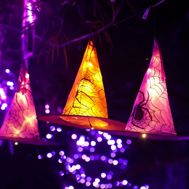 Alt view image 6 of 7 - Halloween Decoration Lights, 8 PCS Waterproof Hanging Witch Hat with String Lights with Remote, Hanging Halloween Decorations for Indoor Outdoor Garden Yard Party Decor