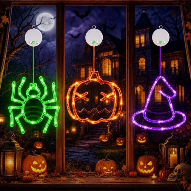 Main image of Halloween Window Lights, 3 Pack Pumpkin, Spider, Witch Hat Lights | Halloween Decoration Lights, 2026 Upgraded Dyed Design, 8 Flashing Modes, Timer, Battery Operated, Suction Cup, Indoor Lights