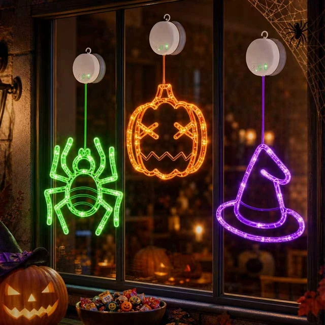 Alt view image 3 of 7 - Halloween Window Lights, 3 Pack Pumpkin, Spider, Witch Hat Lights | Halloween Decoration Lights, 2026 Upgraded Dyed Design, 8 Flashing Modes, Timer, Battery Operated, Suction Cup, Indoor Lights