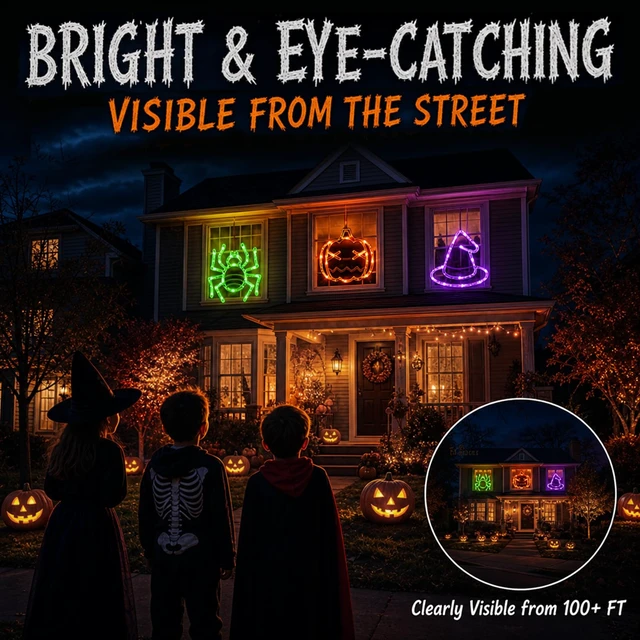 Alt view image 7 of 7 - Halloween Window Lights, 3 Pack Pumpkin, Spider, Witch Hat Lights | Halloween Decoration Lights, 2026 Upgraded Dyed Design, 8 Flashing Modes, Timer, Battery Operated, Suction Cup, Indoor Lights