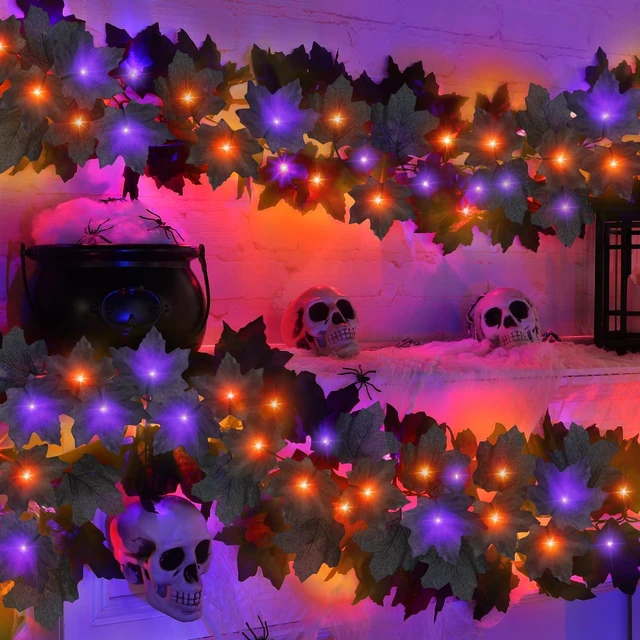 Main image of 2 Pack Total 12 Ft Black Halloween Garland with Lights for Halloween Decor | Maple Leaf Garland String Lights,60 LEDs Orange & Purple Lights Battery Operated for Table Fireplace Porch Halloween Decor