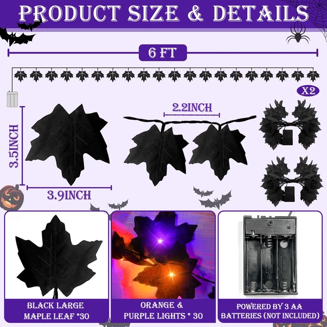 Alt view image 2 of 6 - 2 Pack Total 12 Ft Black Halloween Garland with Lights for Halloween Decor | Maple Leaf Garland String Lights,60 LEDs Orange & Purple Lights Battery Operated for Table Fireplace Porch Halloween Decor