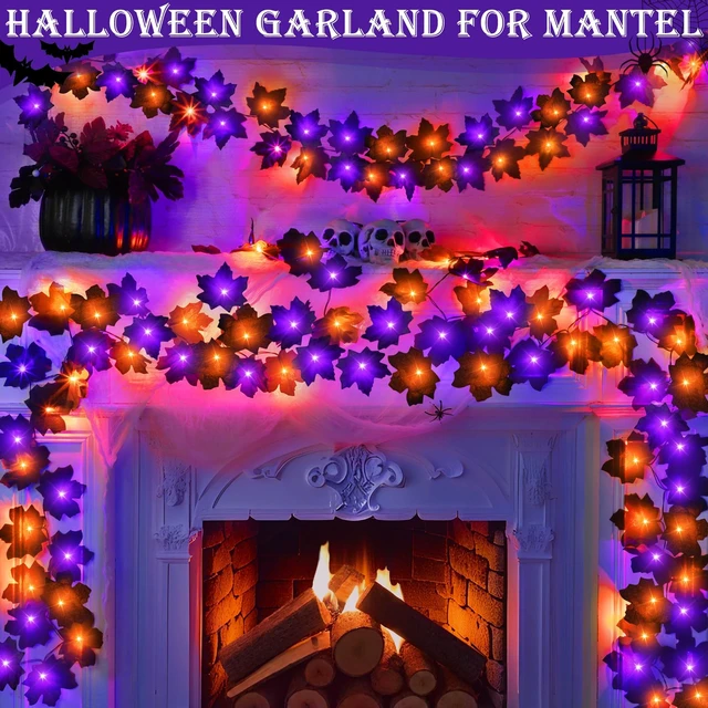 Alt view image 4 of 6 - 2 Pack Total 12 Ft Black Halloween Garland with Lights for Halloween Decor | Maple Leaf Garland String Lights,60 LEDs Orange & Purple Lights Battery Operated for Table Fireplace Porch Halloween Decor