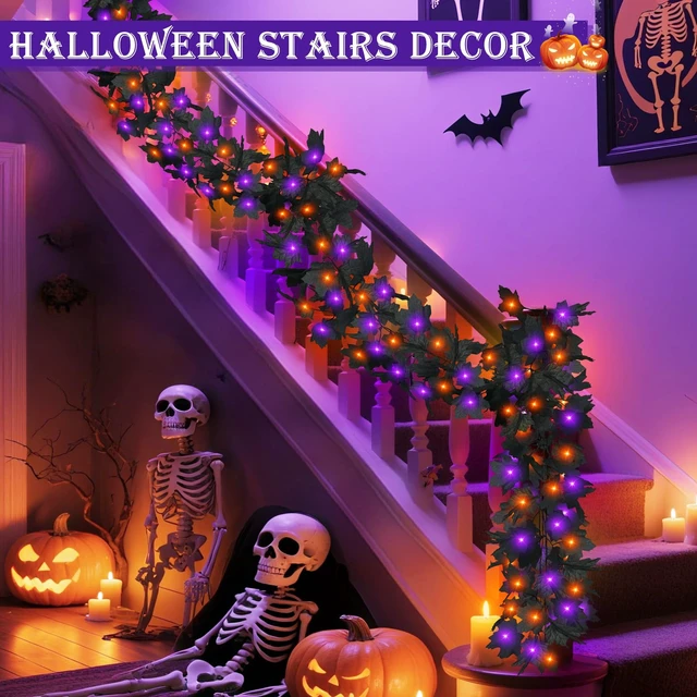 Alt view image 5 of 6 - 2 Pack Total 12 Ft Black Halloween Garland with Lights for Halloween Decor | Maple Leaf Garland String Lights,60 LEDs Orange & Purple Lights Battery Operated for Table Fireplace Porch Halloween Decor