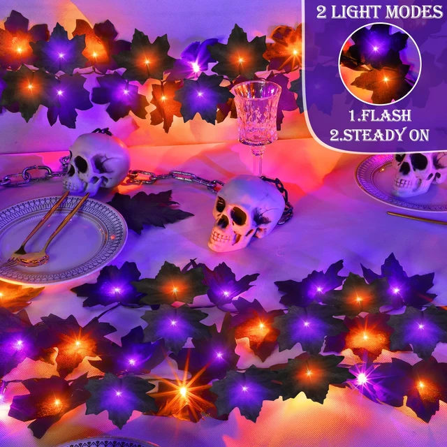 Alt view image 3 of 6 - 2 Pack Total 12 Ft Black Halloween Garland with Lights for Halloween Decor | Maple Leaf Garland String Lights,60 LEDs Orange & Purple Lights Battery Operated for Table Fireplace Porch Halloween Decor