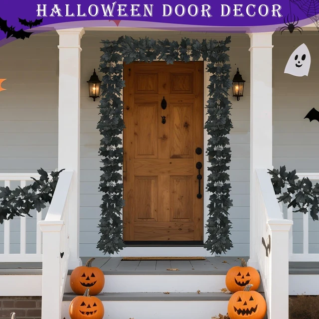 Alt view image 6 of 6 - 2 Pack Total 12 Ft Black Halloween Garland with Lights for Halloween Decor | Maple Leaf Garland String Lights,60 LEDs Orange & Purple Lights Battery Operated for Table Fireplace Porch Halloween Decor
