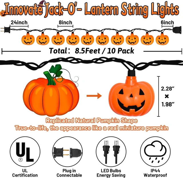 Alt view image 2 of 7 - Halloween String Lights - LED Jack O Lantern Lights with Cute Spooky Smiling, 8.5Ft LED Pumpkin Lights Outdoor Plug in for Fall Halloween Decorations Indoor Outdoor Home Mantel Party Decor, 0.07W