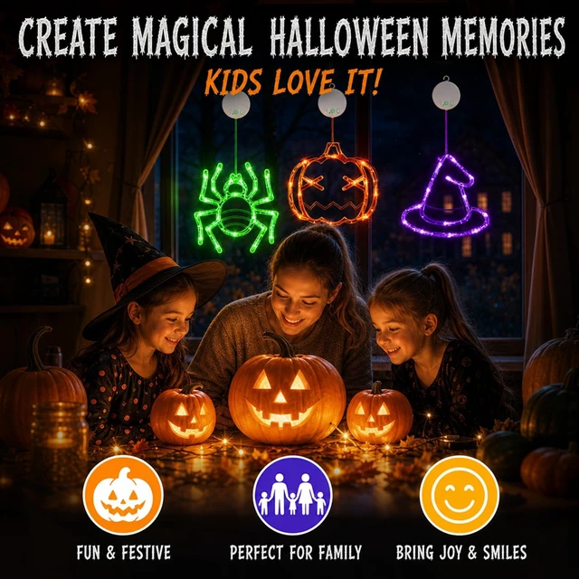 Alt view image 3 of 7 - Halloween Decorations, Rechargeable Halloween Window Lights, 3 Pack | Halloween Window Decorations, USB-C Rechargeable, 8 Flashing Modes, Timer, Pumpkin Spider Witch Hat Halloween Lights for home