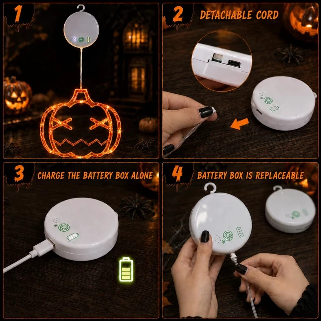 Alt view image 5 of 7 - Halloween Decorations, Rechargeable Halloween Window Lights, 3 Pack | Halloween Window Decorations, USB-C Rechargeable, 8 Flashing Modes, Timer, Pumpkin Spider Witch Hat Halloween Lights for home
