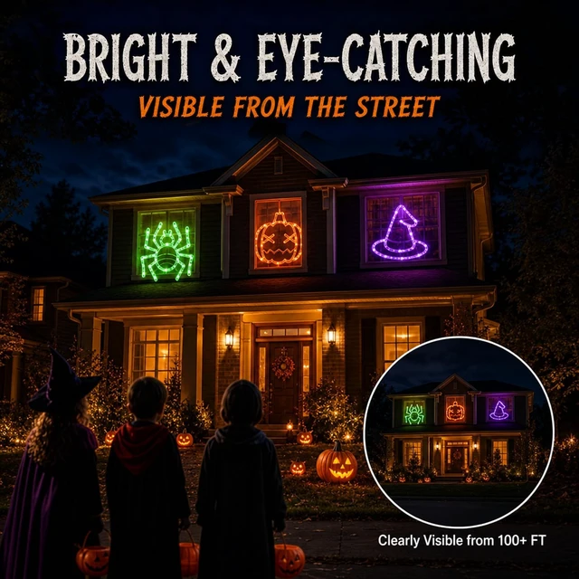 Alt view image 7 of 7 - Halloween Decorations, Rechargeable Halloween Window Lights, 3 Pack | Halloween Window Decorations, USB-C Rechargeable, 8 Flashing Modes, Timer, Pumpkin Spider Witch Hat Halloween Lights for home