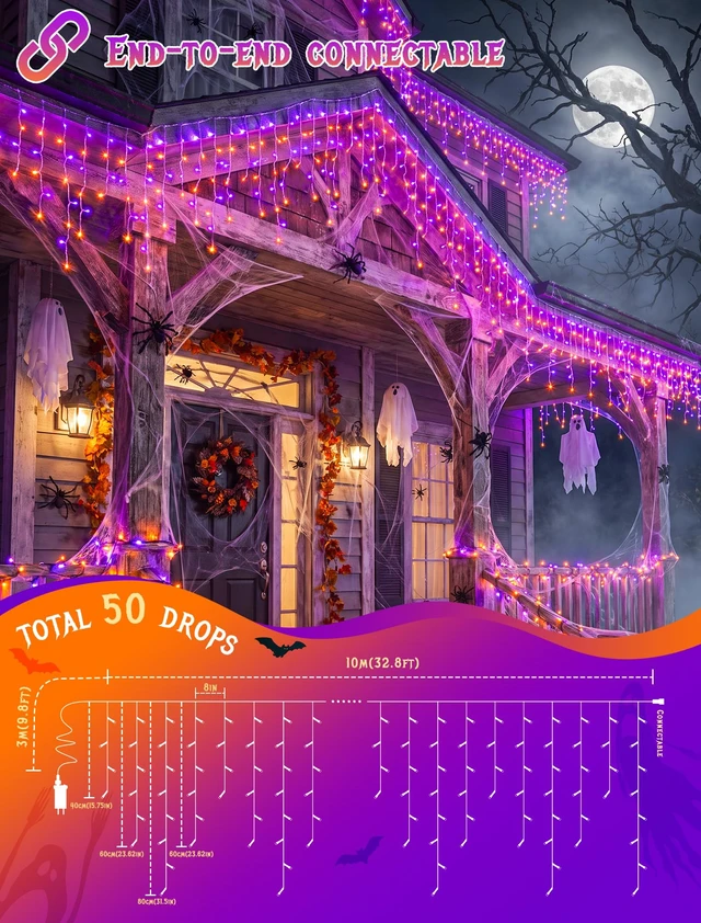 Alt view image 2 of 7 - Halloween Icicle Lights Outdoor,300 LED Purple and Orange Lights | 32FT,Connectable,8 Modes With Memory,Hang Curtain String Lights For Window,Fence,Trees,Party,Patio And Xmas Holiday Decor