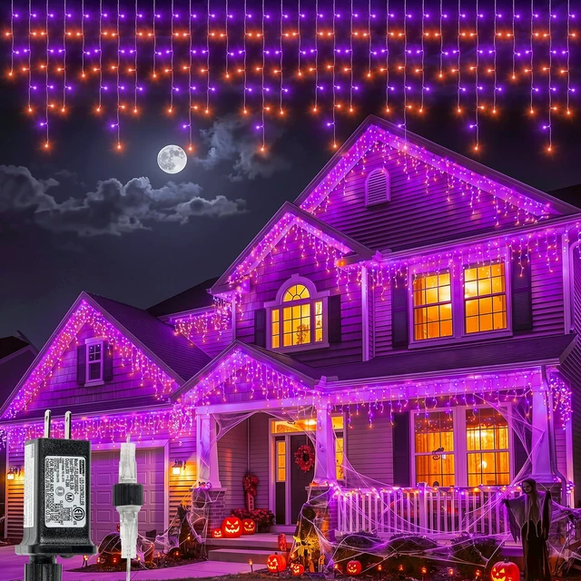 Main image of Halloween Icicle Lights Outdoor,300 LED Purple and Orange Lights | 32FT,Connectable,8 Modes With Memory,Hang Curtain String Lights For Window,Fence,Trees,Party,Patio And Xmas Holiday Decor