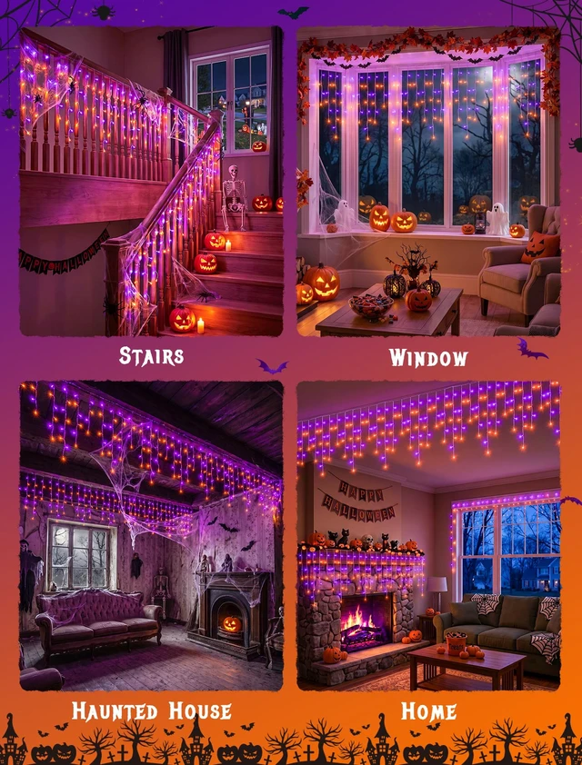 Alt view image 3 of 7 - Halloween Icicle Lights Outdoor,300 LED Purple and Orange Lights | 32FT,Connectable,8 Modes With Memory,Hang Curtain String Lights For Window,Fence,Trees,Party,Patio And Xmas Holiday Decor