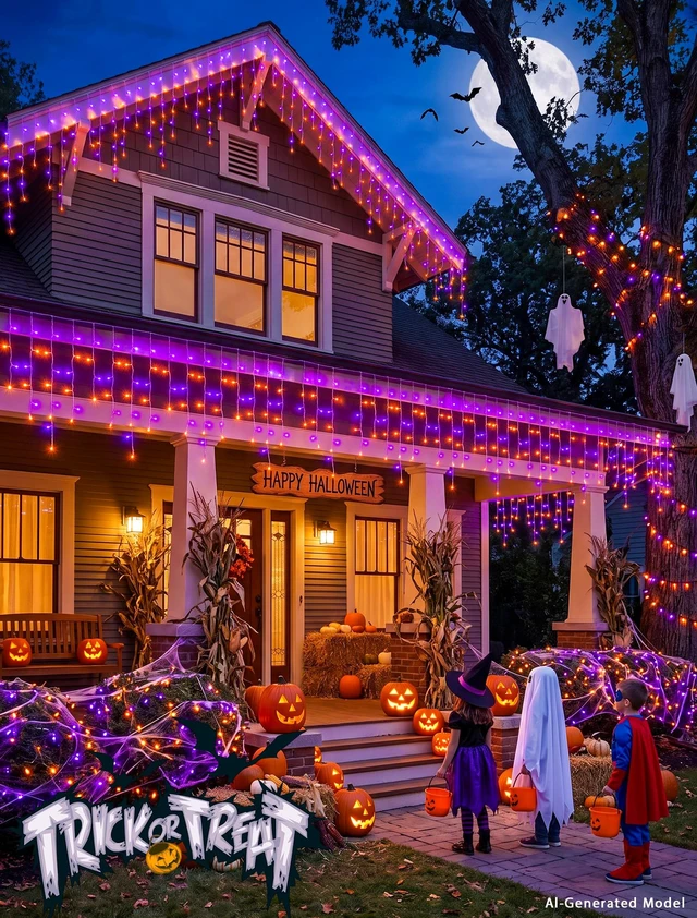 Alt view image 6 of 7 - Halloween Icicle Lights Outdoor,300 LED Purple and Orange Lights | 32FT,Connectable,8 Modes With Memory,Hang Curtain String Lights For Window,Fence,Trees,Party,Patio And Xmas Holiday Decor