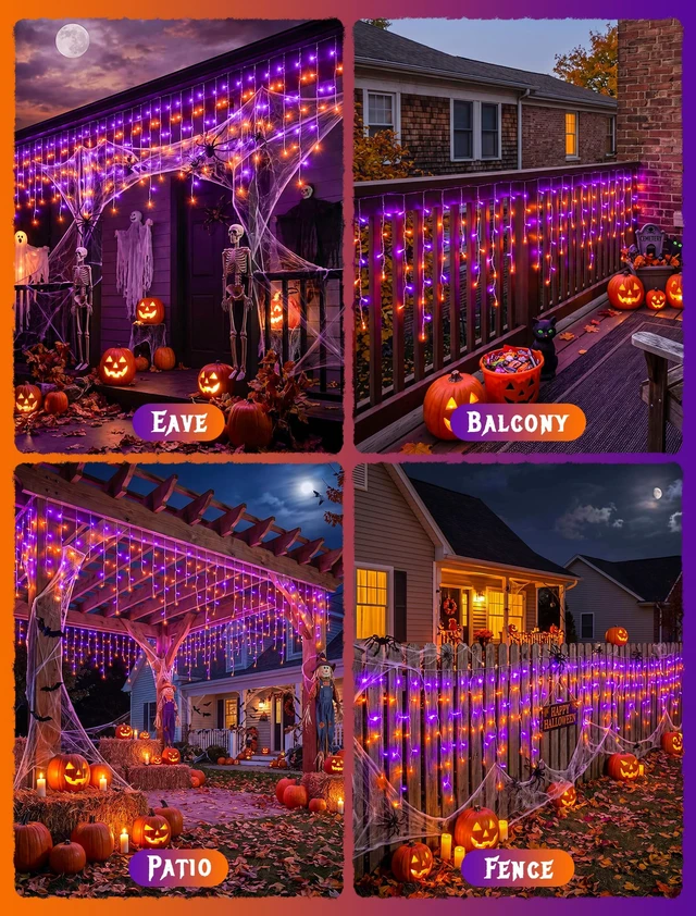 Alt view image 7 of 7 - Halloween Icicle Lights Outdoor,300 LED Purple and Orange Lights | 32FT,Connectable,8 Modes With Memory,Hang Curtain String Lights For Window,Fence,Trees,Party,Patio And Xmas Holiday Decor