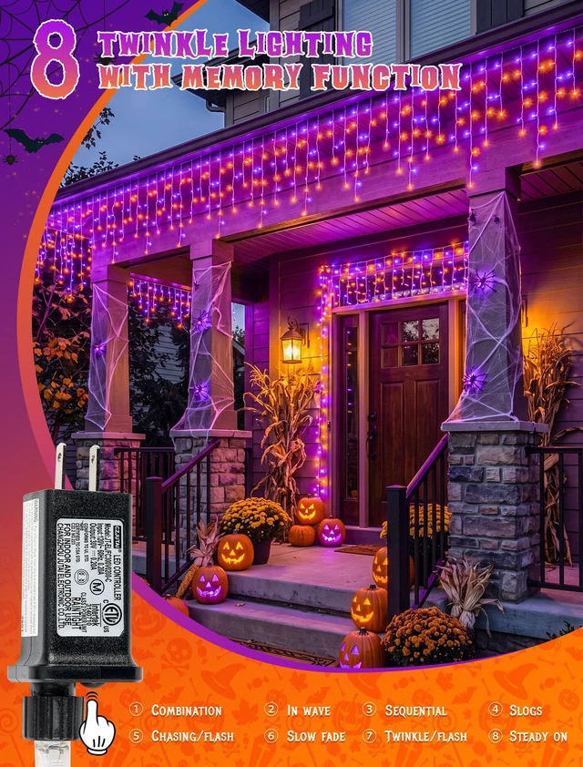Alt view image 4 of 7 - Halloween Icicle Lights Outdoor,300 LED Purple and Orange Lights | 32FT,Connectable,8 Modes With Memory,Hang Curtain String Lights For Window,Fence,Trees,Party,Patio And Xmas Holiday Decor