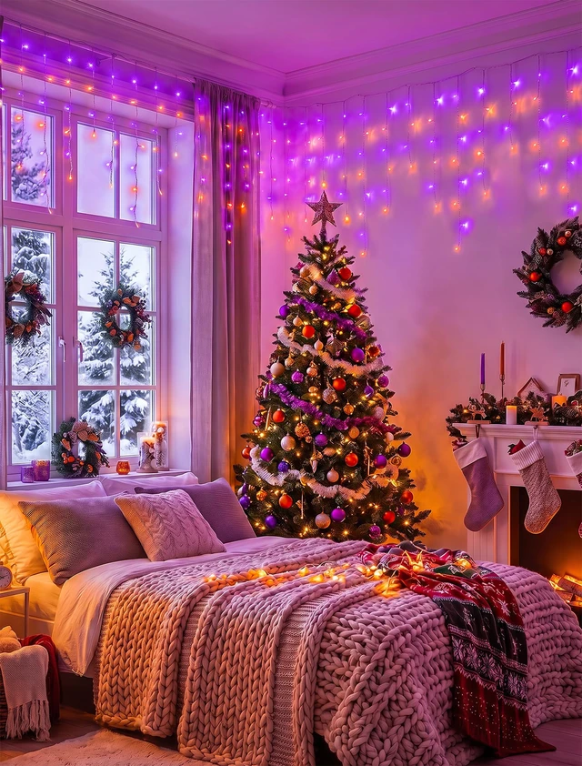 Alt view image 5 of 7 - Halloween Icicle Lights Outdoor,300 LED Purple and Orange Lights | 32FT,Connectable,8 Modes With Memory,Hang Curtain String Lights For Window,Fence,Trees,Party,Patio And Xmas Holiday Decor