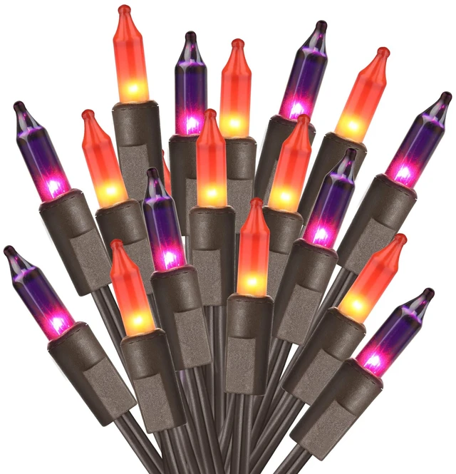 Main image of Purple Orange Incandescent Halloween Lights, 21.63 ft, 100 Count | Waterproof; Connectable Plug in; UL certified; Brown wire; Outdoor indoor mini string light for spooky tree party yard decor