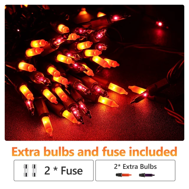 Alt view image 5 of 7 - Purple Orange Incandescent Halloween Lights, 21.63 ft, 100 Count | Waterproof; Connectable Plug in; UL certified; Brown wire; Outdoor indoor mini string light for spooky tree party yard decor