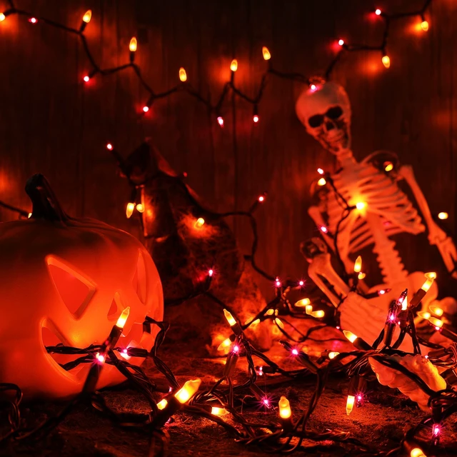 Alt view image 7 of 7 - Purple Orange Incandescent Halloween Lights, 21.63 ft, 100 Count | Waterproof; Connectable Plug in; UL certified; Brown wire; Outdoor indoor mini string light for spooky tree party yard decor