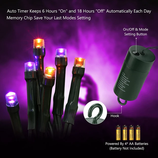 Alt view image 2 of 6 - Orange Purple Halloween String Lights 67ft 200LED Battery Operated | String Lights Waterproof 8 Modes & Auto Timer Mini Lights for Xmas Decorations, Halloween, Holiday Decor Outdoor Indoor