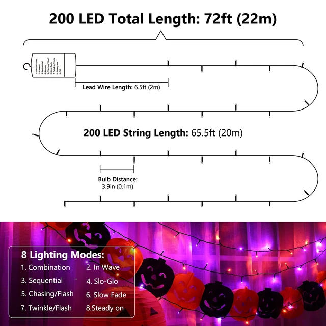 Alt view image 3 of 6 - Orange Purple Halloween String Lights 67ft 200LED Battery Operated | String Lights Waterproof 8 Modes & Auto Timer Mini Lights for Xmas Decorations, Halloween, Holiday Decor Outdoor Indoor