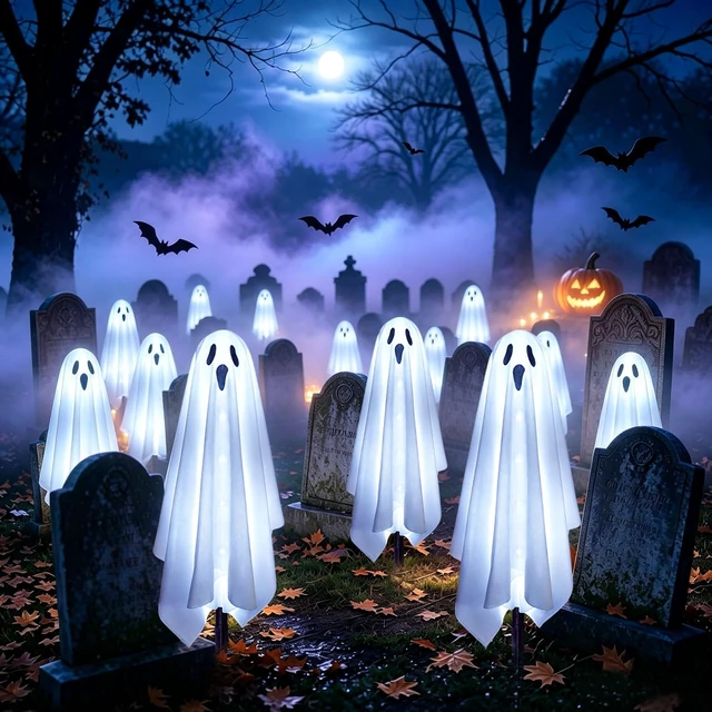 Alt view image 3 of 7 - Solar Ghost Lights for Outdoor Halloween Decoration, Set of 6 Scary Spooky Pathway Lights for Trick or Treat Outside Garden Grave Lawn Porch Yard Halloween Party Decor, Cool White