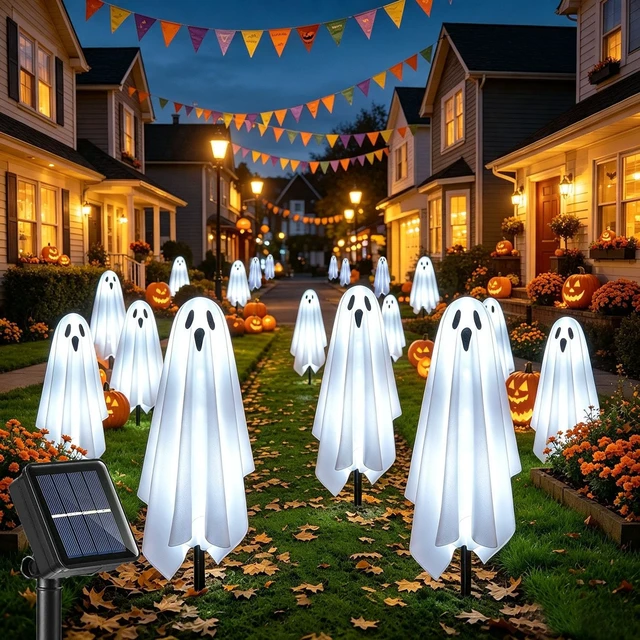 Alt view image 4 of 7 - Solar Ghost Lights for Outdoor Halloween Decoration, Set of 6 Scary Spooky Pathway Lights for Trick or Treat Outside Garden Grave Lawn Porch Yard Halloween Party Decor, Cool White