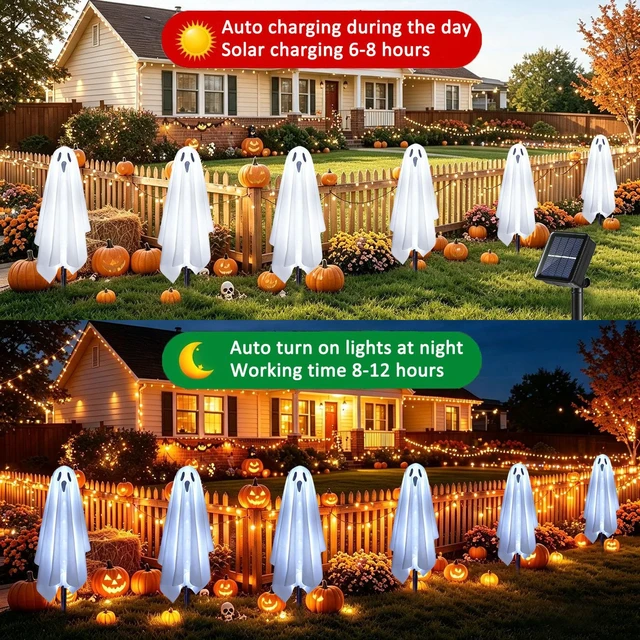 Alt view image 5 of 7 - Solar Ghost Lights for Outdoor Halloween Decoration, Set of 6 Scary Spooky Pathway Lights for Trick or Treat Outside Garden Grave Lawn Porch Yard Halloween Party Decor, Cool White