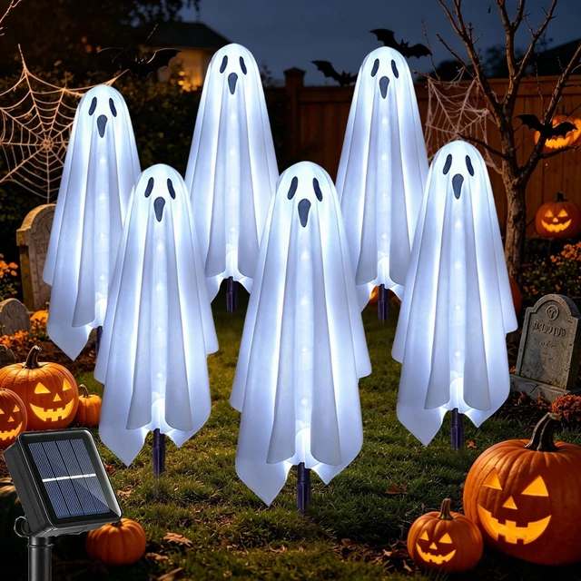 Alt view image 7 of 7 - Solar Ghost Lights for Outdoor Halloween Decoration, Set of 6 Scary Spooky Pathway Lights for Trick or Treat Outside Garden Grave Lawn Porch Yard Halloween Party Decor, Cool White