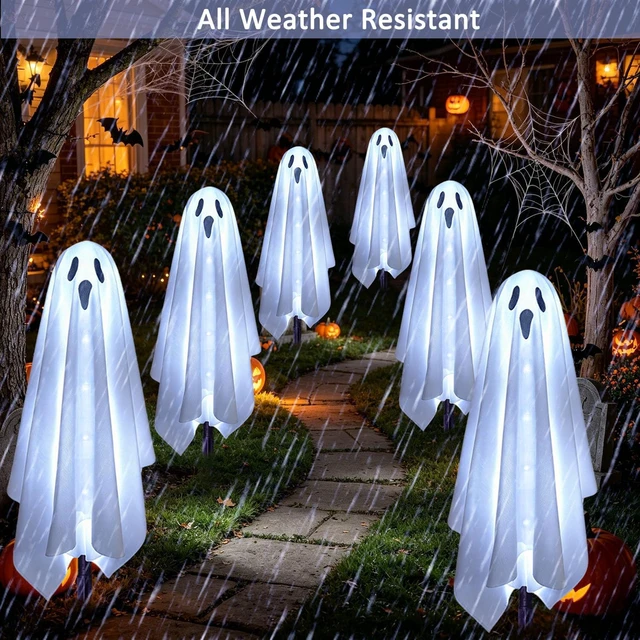Alt view image 6 of 7 - Solar Ghost Lights for Outdoor Halloween Decoration, Set of 6 Scary Spooky Pathway Lights for Trick or Treat Outside Garden Grave Lawn Porch Yard Halloween Party Decor, Cool White