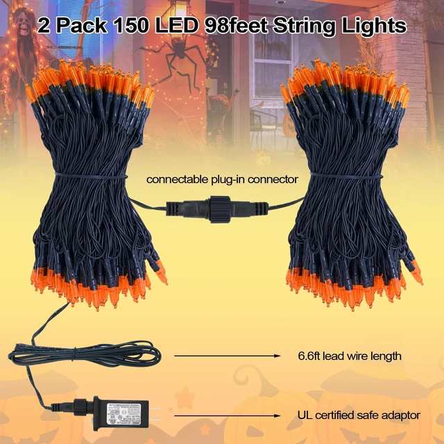 Alt view image 2 of 7 - Orange Halloween String Lights Fall Outdoor Decor, 2 Pack 150 LED | 8 Modes, Connectable, Waterproof Design, Plug In, 3 Amp Fuse, Autumn Harvest Accent, Window Patio Yard Holiday Garland