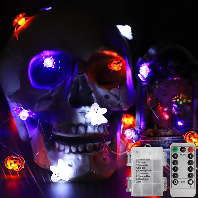 Alt view image 2 of 7 - Halloween Lights White Ghost Purple Bat Orange Pumpkin, 30 LED Copper String Lights with Remote Control Battery Operated Fairy Lights for Cosplay Party, Gothic Halloween Decor (White, Purple, Orange)