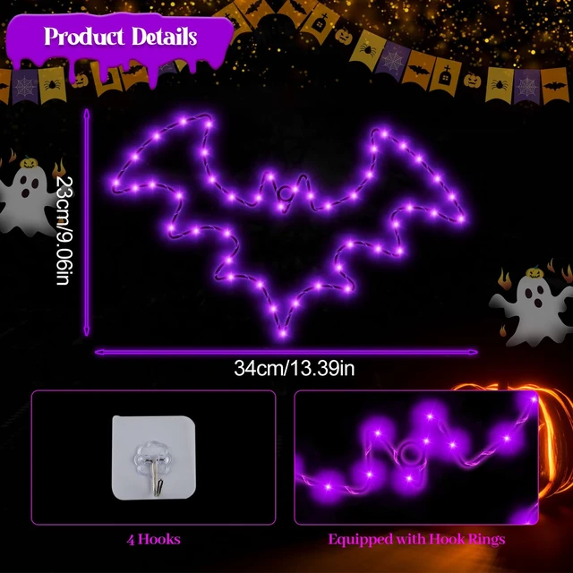 Alt view image 2 of 7 - Halloween Window Lights, 2 Pack LED Waterproof Timer Indoor Decor | Purple Metal Bat Shapes, 8 Lighting Modes, 6H Timer, Waterproof, Adhesive Hooks, Batteries Not Included, for Windows
