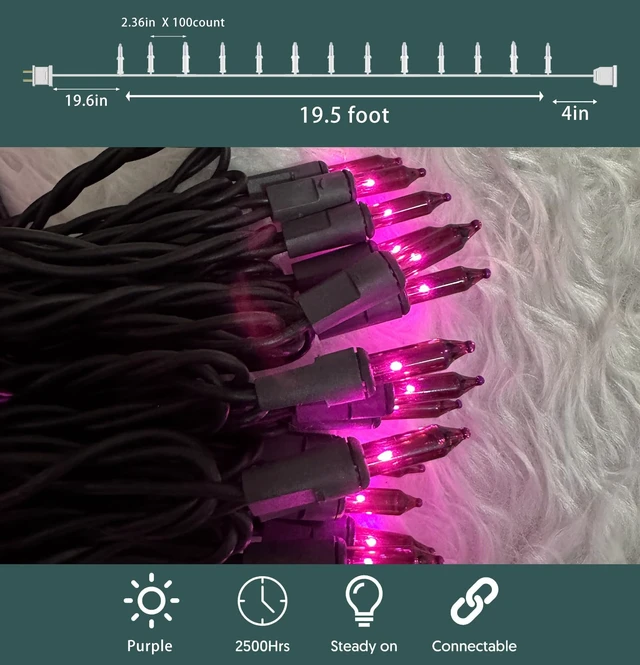 Alt view image 2 of 7 - Purple Halloween Lights,100 Count Incandescent Lights String with Black Wire,Ideal Halloween Decorations for Outdoor Indoor Patio Home Party Garden Yard Decor,UL Certified (21feet)