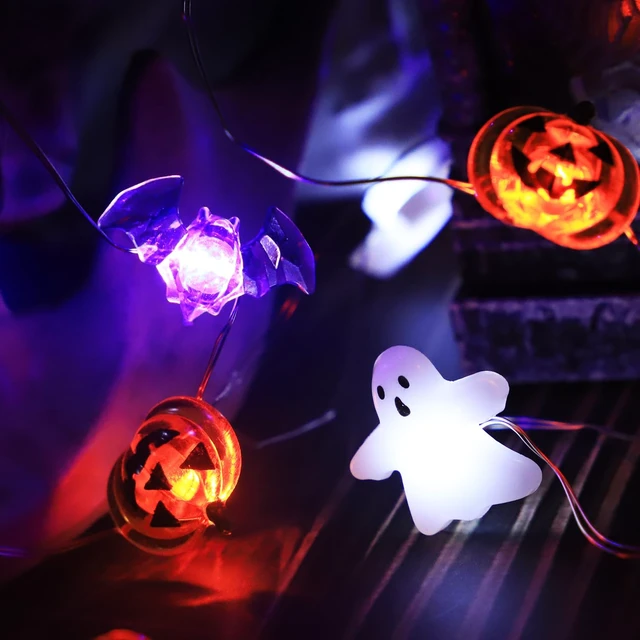 Alt view image 3 of 7 - Halloween Lights White Ghost Purple Bat Orange Pumpkin, 30 LED Copper String Lights with Remote Control Battery Operated Fairy Lights for Cosplay Party, Gothic Halloween Decor (White, Purple, Orange)