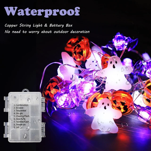 Alt view image 5 of 7 - Halloween Lights White Ghost Purple Bat Orange Pumpkin, 30 LED Copper String Lights with Remote Control Battery Operated Fairy Lights for Cosplay Party, Gothic Halloween Decor (White, Purple, Orange)