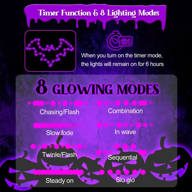 Alt view image 3 of 7 - Halloween Window Lights, 2 Pack LED Waterproof Timer Indoor Decor | Purple Metal Bat Shapes, 8 Lighting Modes, 6H Timer, Waterproof, Adhesive Hooks, Batteries Not Included, for Windows