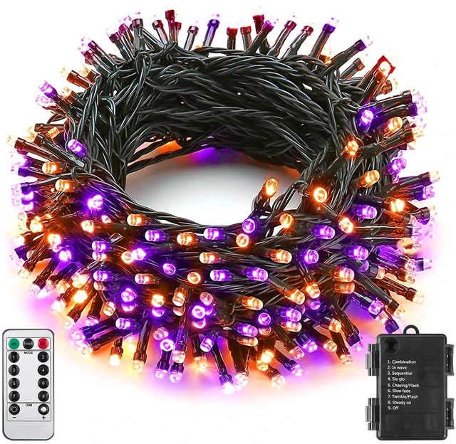 Main image of Orange Purple Halloween String Lights Outdoor 100LED Battery Operated Fairy Lights with Waterproof Remote Timer String Lights for Garden Party Holiday Halloween Décor