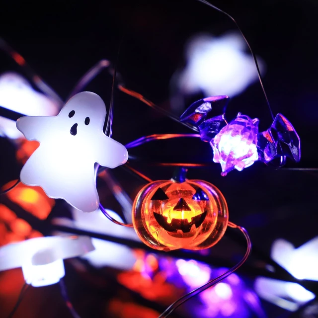 Alt view image 4 of 7 - Halloween Lights White Ghost Purple Bat Orange Pumpkin, 30 LED Copper String Lights with Remote Control Battery Operated Fairy Lights for Cosplay Party, Gothic Halloween Decor (White, Purple, Orange)