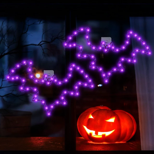 Alt view image 4 of 7 - Halloween Window Lights, 2 Pack LED Waterproof Timer Indoor Decor | Purple Metal Bat Shapes, 8 Lighting Modes, 6H Timer, Waterproof, Adhesive Hooks, Batteries Not Included, for Windows