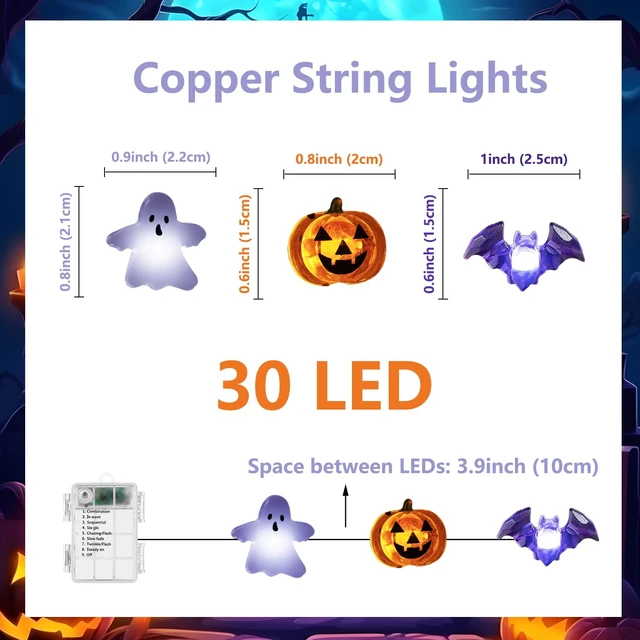 Alt view image 7 of 7 - Halloween Lights White Ghost Purple Bat Orange Pumpkin, 30 LED Copper String Lights with Remote Control Battery Operated Fairy Lights for Cosplay Party, Gothic Halloween Decor (White, Purple, Orange)