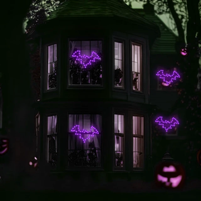 Alt view image 5 of 7 - Halloween Window Lights, 2 Pack LED Waterproof Timer Indoor Decor | Purple Metal Bat Shapes, 8 Lighting Modes, 6H Timer, Waterproof, Adhesive Hooks, Batteries Not Included, for Windows