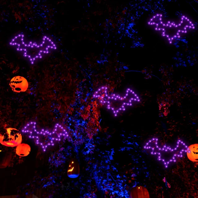 Alt view image 7 of 7 - Halloween Window Lights, 2 Pack LED Waterproof Timer Indoor Decor | Purple Metal Bat Shapes, 8 Lighting Modes, 6H Timer, Waterproof, Adhesive Hooks, Batteries Not Included, for Windows