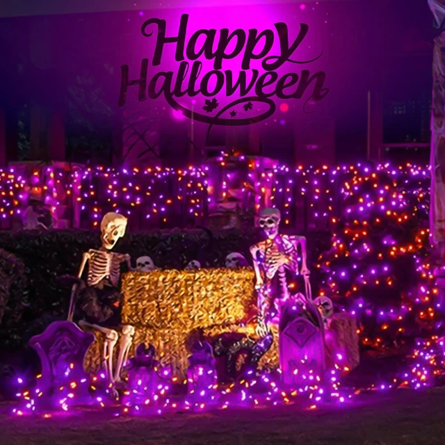 Alt view image 2 of 7 - Orange Purple Halloween String Lights Outdoor 100LED Battery Operated Fairy Lights with Waterproof Remote Timer String Lights for Garden Party Holiday Halloween Décor