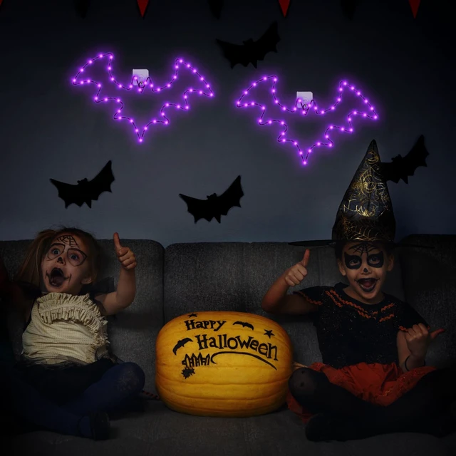 Alt view image 6 of 7 - Halloween Window Lights, 2 Pack LED Waterproof Timer Indoor Decor | Purple Metal Bat Shapes, 8 Lighting Modes, 6H Timer, Waterproof, Adhesive Hooks, Batteries Not Included, for Windows