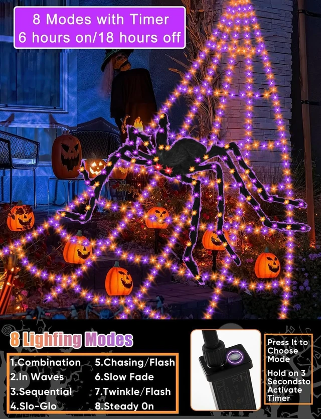 Alt view image 2 of 7 - Spider Webs Halloween Decorations Lights - 550 LEDs Outdoor Giant Halloween Decor Lights with16.4ft,4ft Spider,8 Modes,Waterproof&Timer for Yard Porch Garden,Outside Party (with Spider)