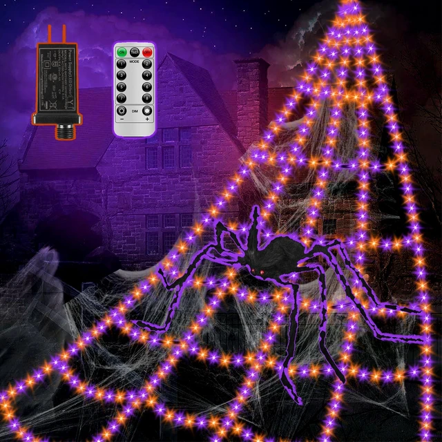 Main image of Spider Webs Halloween Decorations Lights - 550 LEDs Outdoor Giant Halloween Decor Lights with16.4ft,4ft Spider,8 Modes,Waterproof&Timer for Yard Porch Garden,Outside Party (with Spider)