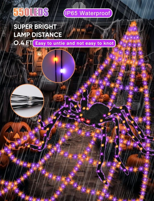 Alt view image 3 of 7 - Spider Webs Halloween Decorations Lights - 550 LEDs Outdoor Giant Halloween Decor Lights with16.4ft,4ft Spider,8 Modes,Waterproof&Timer for Yard Porch Garden,Outside Party (with Spider)